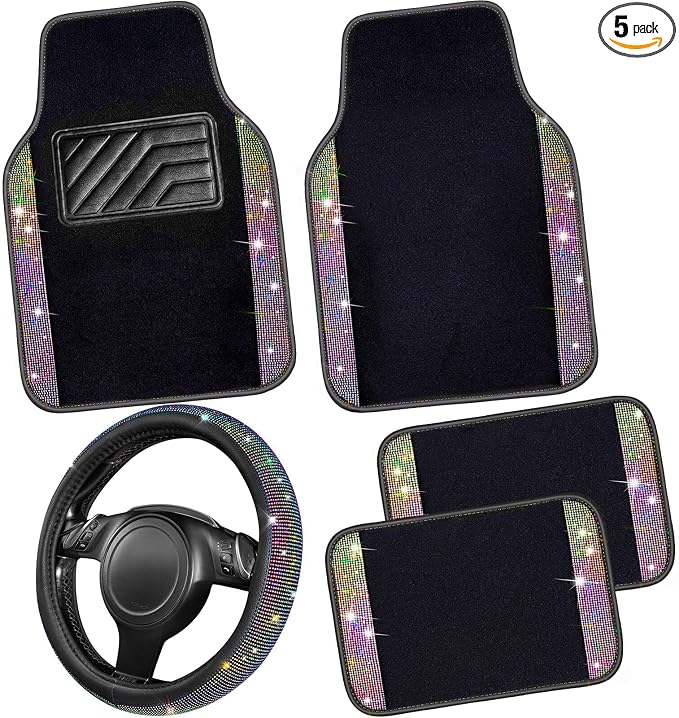 CAR PASS Bling Diamond Leather Steering Wheel Cover 14.5in-15in Floor Mats Shining Rhinestone Carpet Sparkly Glitter Crystal Anti-Slip Pad Fit Automotive SUV Pickup Truck Girl Women, 5pcs Multicolor
