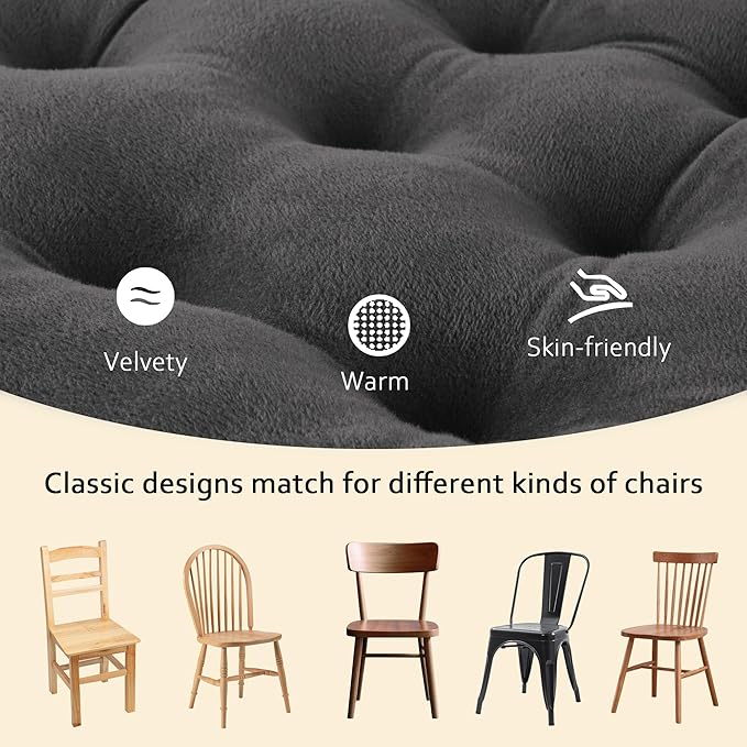 ELFJOY Set of 4 Square Chair Pads Indoor Seat Cushions Pillows with Ties Thick Soft Seat Cushion for Kitchen Dining Office Chair (18", Grey)