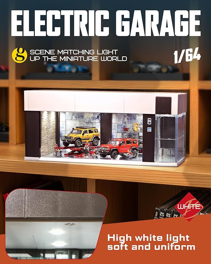 1/64 Scale Diecast Display Case for Hot Wheel Storage with LED Lights, Stackable Electric Garage with Voice Control, 3 Replaceable 3D Scenes Parking Lot Diorama for Model Cars (White)