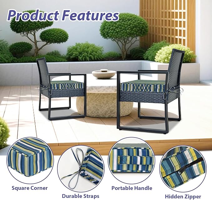 IPYNBAP Outdoor Chair Cushions Set of 4 -Waterproof Outdoor Seat Cushions for Patio Furniture, Patio Chair Cushion with Handle and Ties, Out Door Chair Pads,18.5x16x3-Square, Blue Stripe