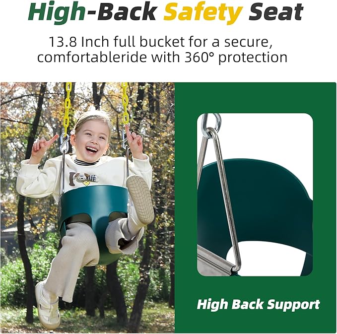 High Back Full Bucket Toddler Swing Seat with Yellow Coated Chains Fully Assembled Baby Swing Set Accessories