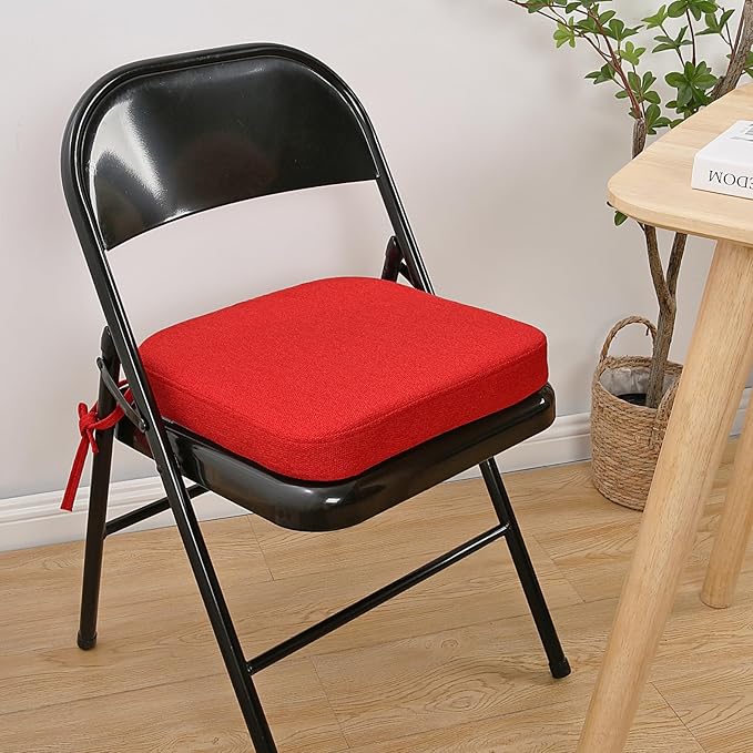 SINOSSO Memory Foam Chair Cushion for Folding Chair 1 Pcs, Thickened 2" Square Kitchen Chair Pad with Ties, Indoor Non-Slip Dining Chair Seat Cushion (1 Piece, Red)
