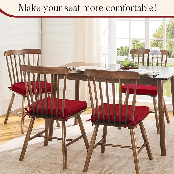 Basic Beyond Chair Cushions for Dining Chairs 4 Pack, Kitchen Chair Cushions with Ties and Non Slip Backing, 16 x 16 inches Chair Pads for Dining Chairs (Red)