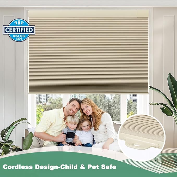 Tonature No Drill Cellular Shades for Indoor Windows, Thermal Insulating & Noise Reducing Honeycomb Blinds, Free Stop Cordless Blackout Shades, Beige,29" W x 80" H