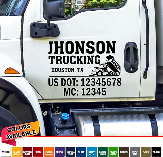 Custom Truck Door Vinyl Decal, Commercial Vehicle Lettering with DOT MC Numbers Set of 2, Multiple Colors Available Lettering Fully Customizable Sticker for Trucking