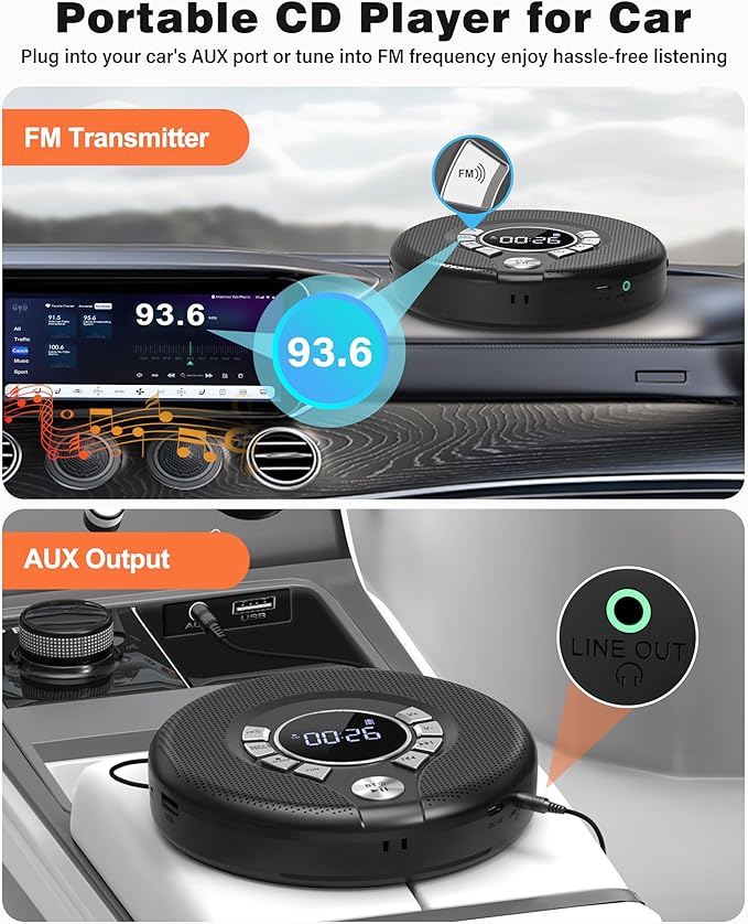 Greadio Portable Bluetooth CD Player with 2000mAh Rechargeable, Personal CD Player for Car with FM Transmitter/AUX, CD Discman Player with Headphone, 120s Anti-Skip, USB Port, Backlight (Black)