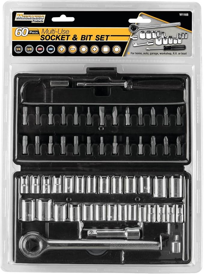Performance Tool W1168 SAE/Metric 60-Piece Socket (1/4-Inch & 3/8-Inch Drive) and Bit Set