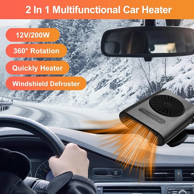 Car Heater Fan, 12V 200W Fast Heating and Cooling Fan Portable Windshield Defogger and Defroster Plug into Cigarette Lighter for Car RV SUV (Black Black)