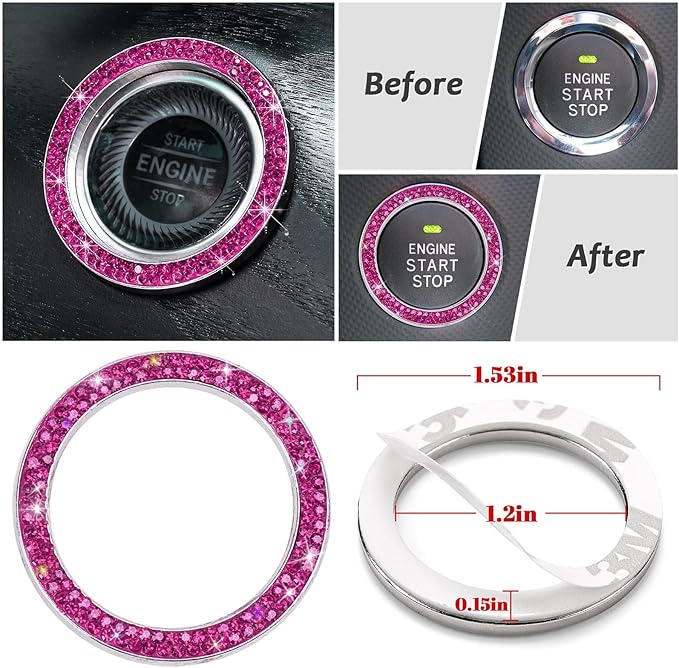 7 Pack Bling Car Accessories Set for Women Girl, Diamond Steering Wheel Cover Set 15 inch,Seat Belt Cushion,Gear Shift Cover, Pink Bling Ring,Car Coasters,Pink