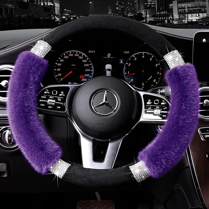 Achiou Rhinestone Fluffy Steering Wheel Cover - Comfortable Non-Slip Luxury Faux Wool, Universal Fit for 14.5" to 15" Steering Wheels