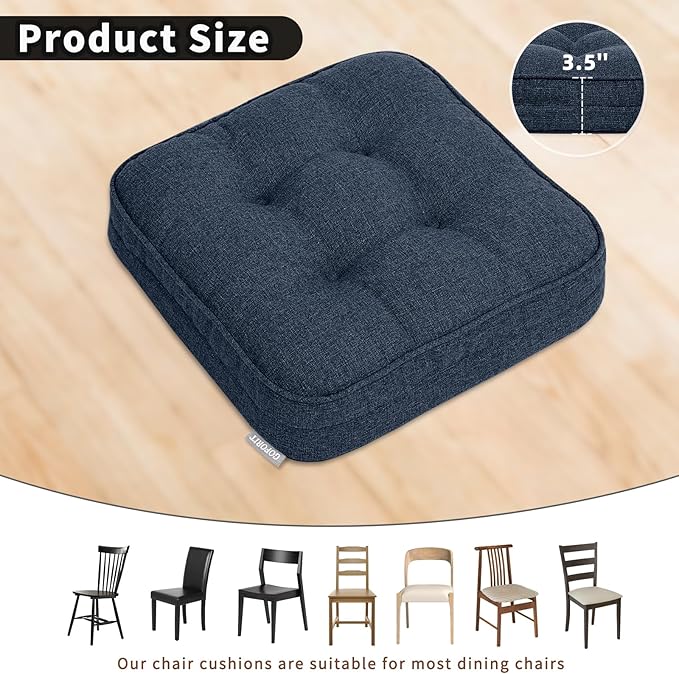 GOFORIT Memory Foam Cushion，Square Seat Cushions for Dining Chairs,Non-Slip Chair Pads with Removable Cover, 16'' x 16'', 2 Pack,Dark Blue