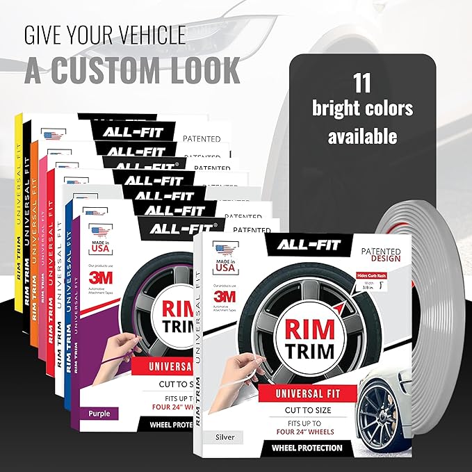 All-Fit Automotive Rim Trim – Durable DIY Car Exterior Accessories for Curb Rash Protection – Fits Up to Four 24” Wheels – Flexible, Durable Wheel Rim Protector (3/8″ width/Silver)