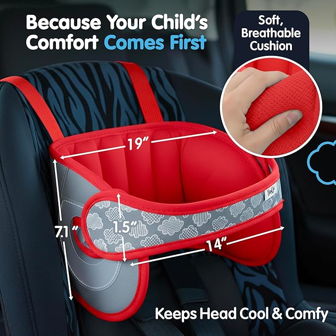 NapUp Adjustable Head Support for Car Seat – Patented & Crash-Tested Anti-Bobbing Head Holder Strap, Comfortable Sleep Solution - Breathable Fabric, Kids Travel Accessories - Ages 2+ - Red