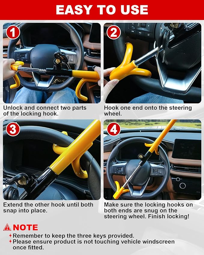 Tevlaphee Car Steering Wheel Lock Great Deterrent Adjustable Car Lock Steering Wheel Anti Theft Car Device for Vehicles,Trucks,Vans,SUVs (Yellow)