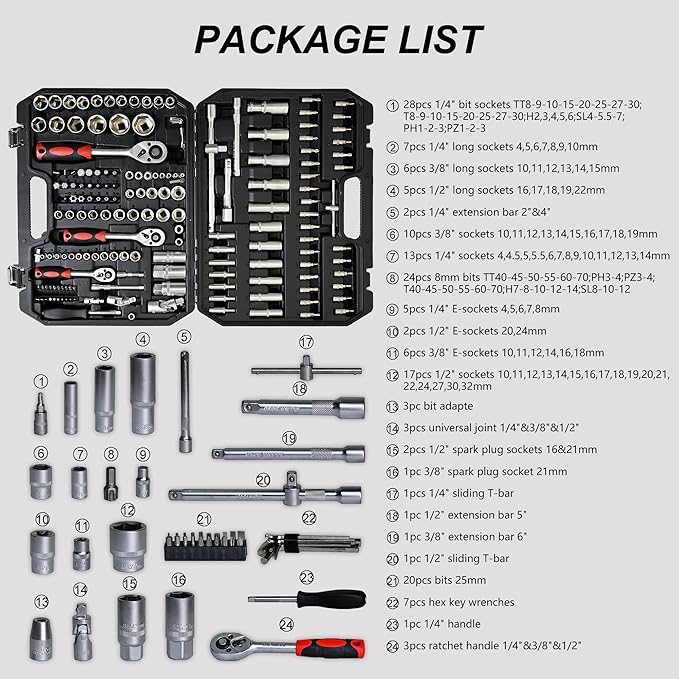 171 Piece Mechanics Tool Set, Heavy Duty Socket and Ratchet Wrench Toolbox Combo Kit, 1/4", 3/8" & 1/2" Drive Hand Tools for Auto Repair and Home Maintenance, Gifts for Men，Black