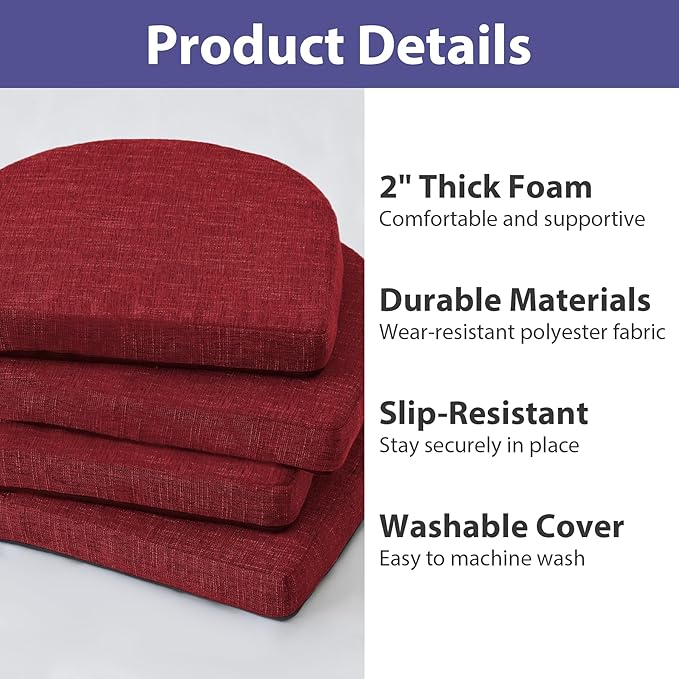 IPYNBAP Chair Cushions for Dining Chairs, Kitchen Chair Cushions, 16'' x 16'' x 2'', Non Slip Indoor Seat Cushions, Chair Pads for Dining Chairs with Ties & Removable Cover, Set of 4, Red