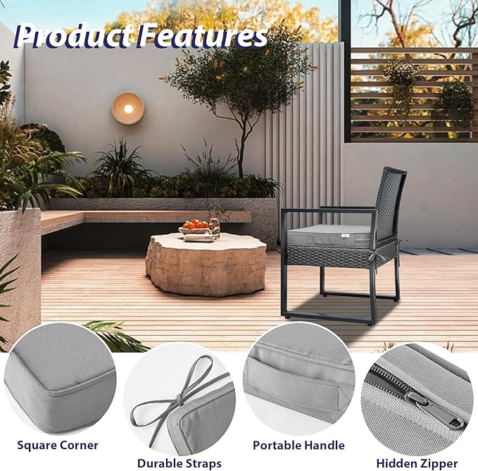IPYNBAP Outdoor Chair Cushions Set of 4 -Waterproof Outdoor Seat Cushions for Patio Furniture, Patio Chair Cushion with Handle and Ties, Out Door Chair Pads,18.5x16x3-Square, Grey