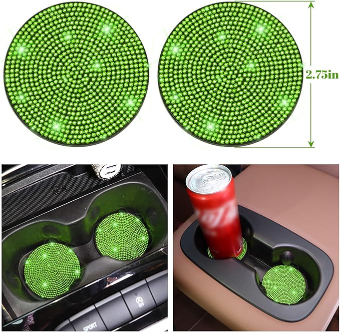 Steering Wheel Cover for Women 15 inch Set of 7,Crystal Diamond Rhinestone Green Bling Car Accessories,Seat Belt Cover,Gear Shift Cover,Push Start Bling Ring,Cup Coaster,Grass Green