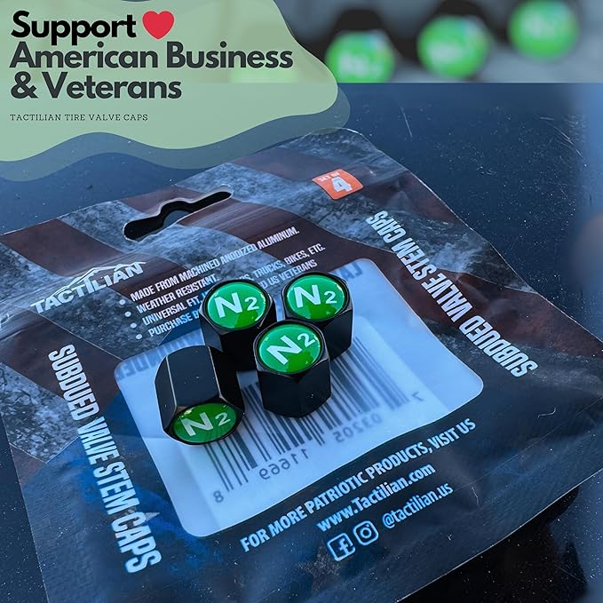 TACTILIAN N2 Nitrogen Tire Valve Caps | Leakproof Aluminum Tire Valve Stem Caps Green with Rubber O-Rings for Nitrogen Filled Tires | N2 Tire Valve Caps Green 4 Pack