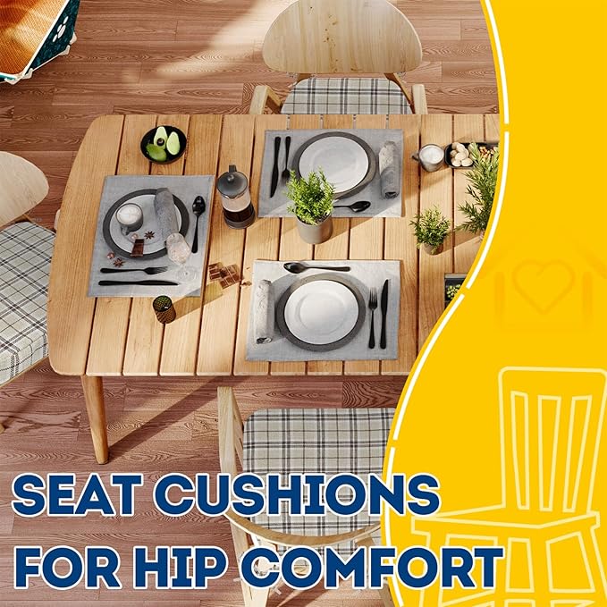 AAAAAcessories D-Shaped Chair Cushions, 2" Thick Dining Chair Pads with Ties and Removable, Machine-Washable Cover, 17" x 16", Set of 6, Yellow Checkered