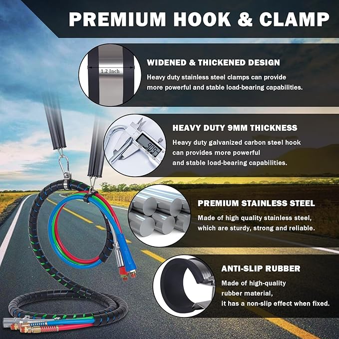 CheeMuii 2 PCS 16" Double Tender Spring Kits with 3in1 Hose Holder and 3-Hole Clamp Heavy Duty Trailer Dual Tender Spring for Semi Truck Air Lines Kit with 2 Style Air Line Holders