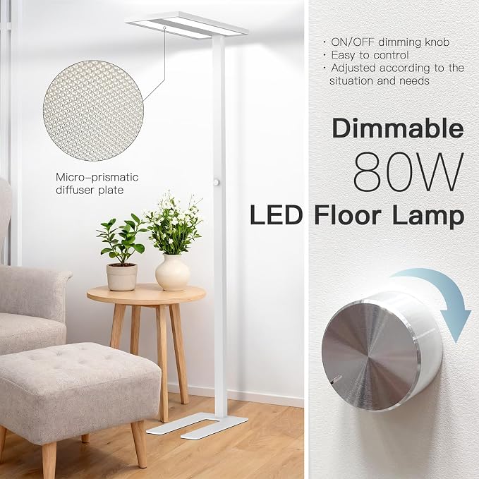 STERREN LED Floor Lamp, 80W Modern Eye Care Reading Light, 8300LM 4000K Natural Daylight Dimmable Standing Tall Lamps for Home Office Study Room Living Room Bedroom Meeting Room