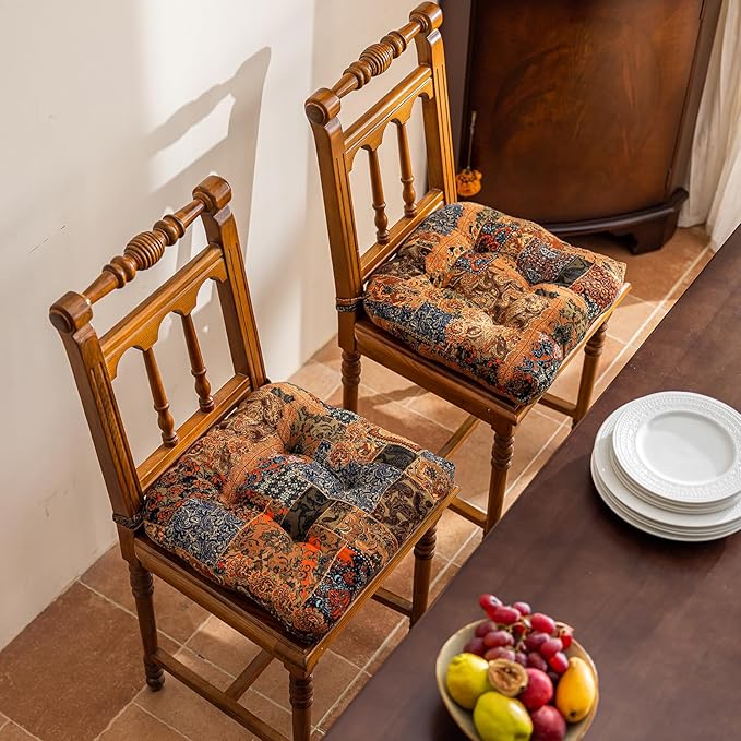vctops Boho Paisley Chair Cushions with Ties Patchwork U-Shaped Soft Cozy Cotton Linen Chair Pads Non Slip Seat Cushions for Indoor Dining Room and Kitchen Chairs (Tan,16"x16")
