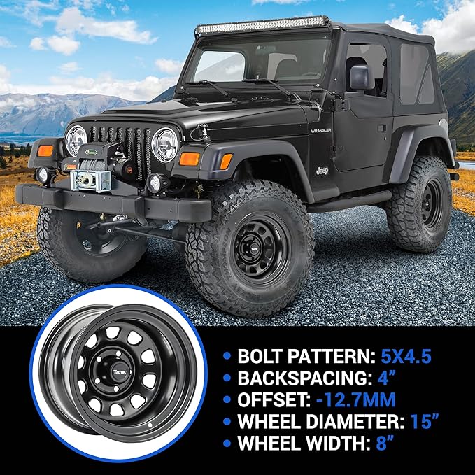 TACTIK D Window 15 Inch 15x8 Wheel - 5x4.5 / 5x114.3 Bolt Pattern (-12.7mm Offset), 4 Inch Backspace - Satin Black Powder Coat Finish - Fits Jeep Wrangler YJ TJ 1987-2006 - Center Cap Included