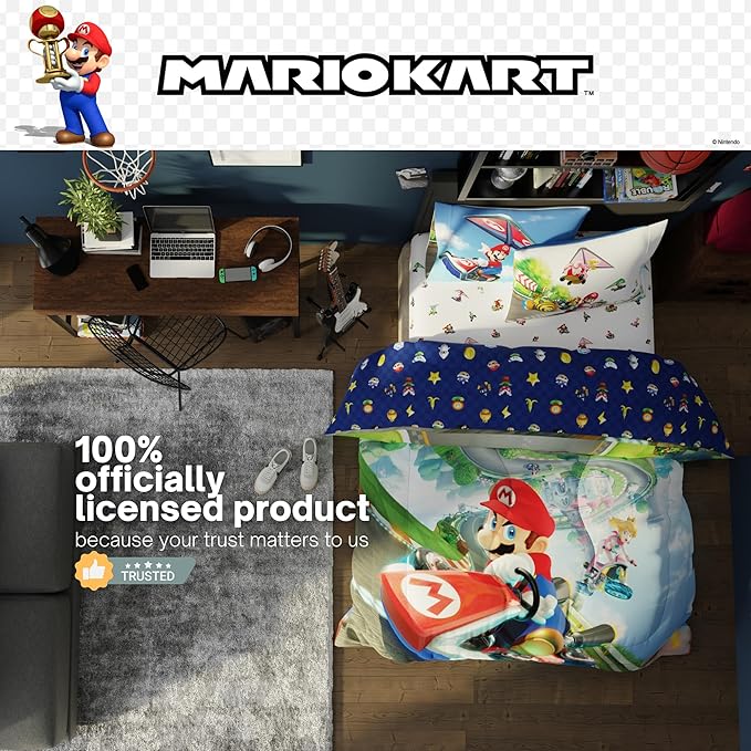 Super Mario Kart Game Kids Bedding Set, Full Size, 5-Piece Super Soft Cozy Reversible Comforter & Sheet Set (Officially Licensed Product) by Franco | Durable, Reversible, Officially Licensed