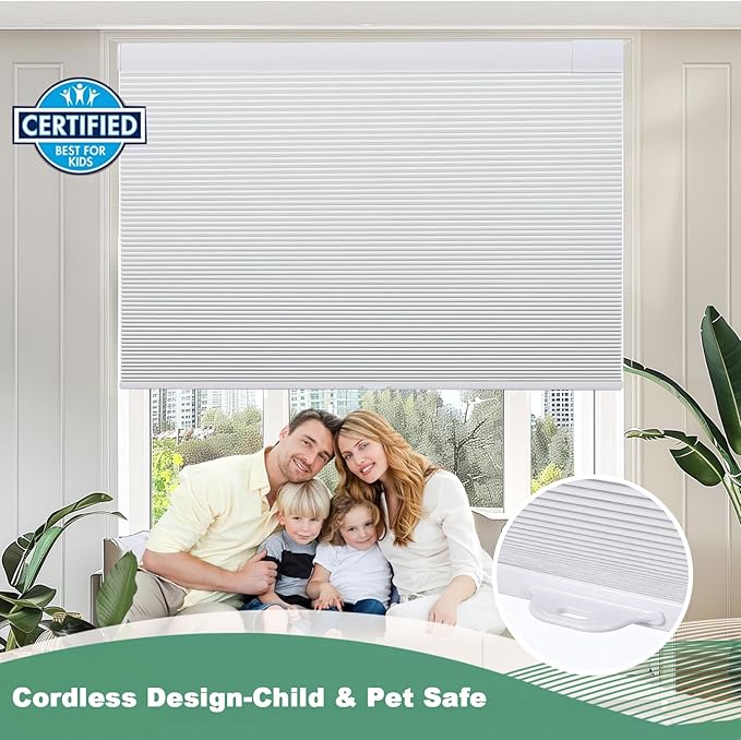 Tonature No Drill Cellular Shades for Indoor Windows, Thermal Insulating & Noise Reducing Honeycomb Blinds, Free Stop Cordless Blackout Shades, White, 45 1/2" W x 64" H