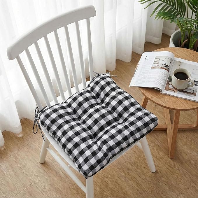 Geetery 8 Pack Chair Cushions for Dining Chairs, 16" x 15" Black and White Kitchen Chair Cushions with Ties Buffalo Plaid Soft Comfy Seat Pads for Home Office Living Room Outdoor Indoor