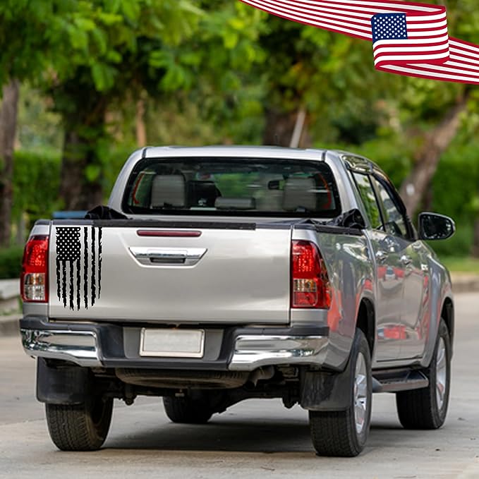 GRITKULTURE Distressed American Flag Vinyl Decal 17 inches by 9 inches for Trucks, Cars, and Windows Compatible with Most Pickup- Rear Graphic USA, US Flag Car Sticker (Black)