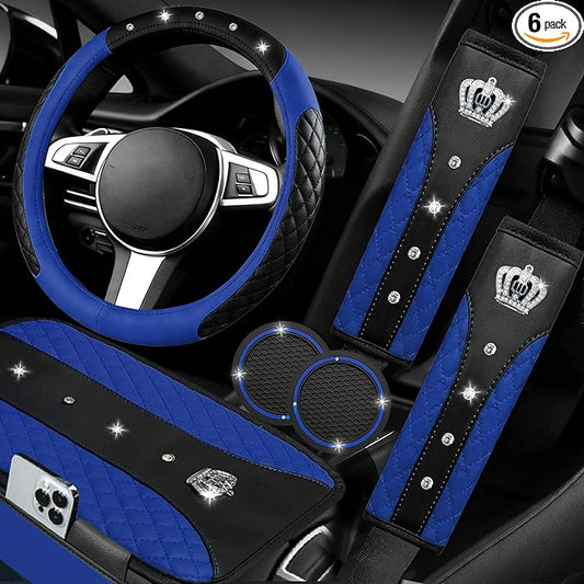 NBTEPEM 6 PCS Bling Car Accessories Set, Leather Steering Wheel Covers Universal 14.5-15 inch, Center Console Cover, Seat Belt Cushion, Cup Holder Coaster (Blue)