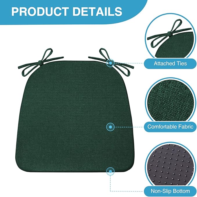 IASEAHK Chair Cushions for Dining Chairs Set of 4, Non Slip Kitchen Chair Pads, 17" x 16" x 2", Indoor Dining Chair Cushions with Ties, D-Shaped Seat Cushions for Kitchen Chairs, Dark Green