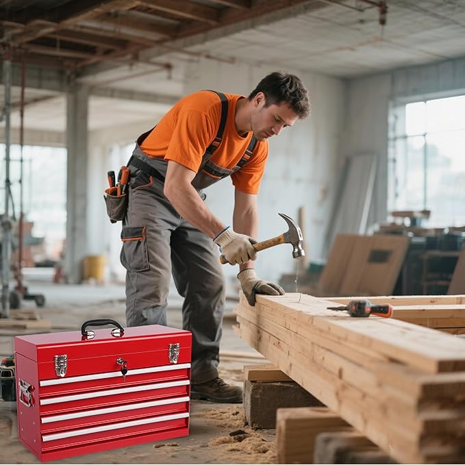 21" Portable 4 Drawer Steel Toolbox, 5 Layers of Tools with Metal Latches, with Top Storage Tray and Carrying Handle, Multi-Function Tool Chest for Garage, Home,or Workbench（red）