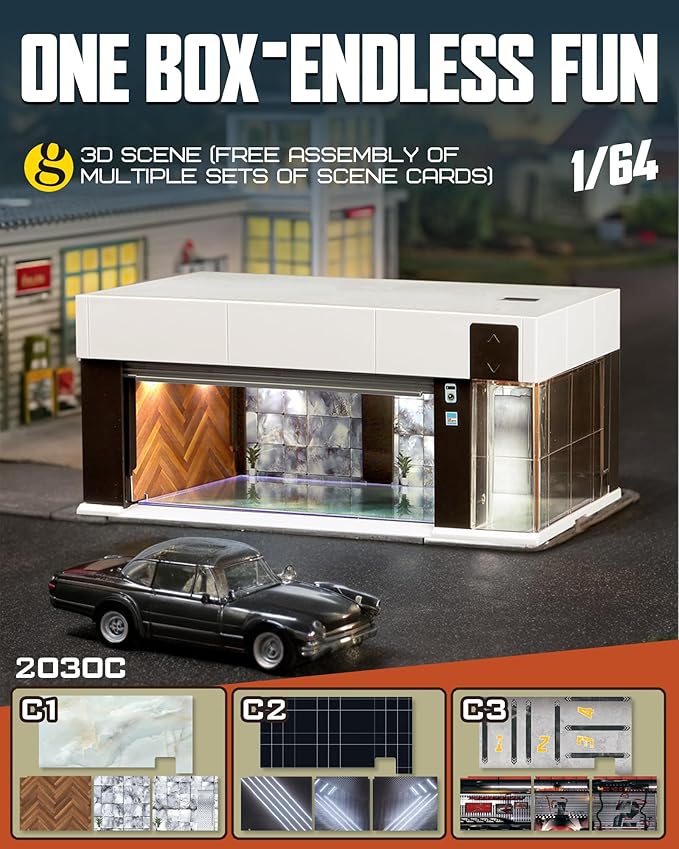 1/64 Scale Diecast Display Case for Hot Wheel Storage with LED Lights, Stackable Electric Garage with Voice Control, 3 Replaceable 3D Scenes Parking Lot Diorama for Model Cars (White)