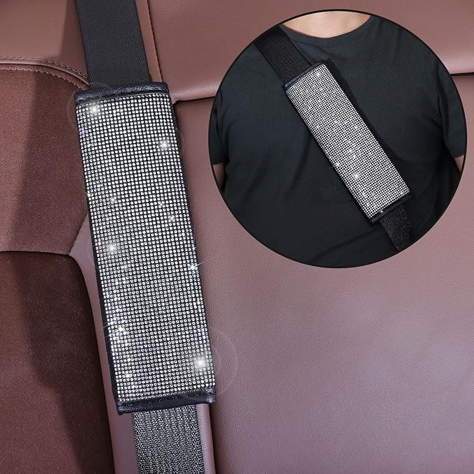 Bling Car Accessories Set of 7,Crystal Rhinestone Diamond Interior Accessories,Bling Steering Wheel Cover,Bling Seat Belt Cover,Gear Shift Cover,Car Bling Ring, Coasters,Silver