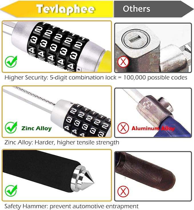 Tevlaphee Steering Wheel Lock, Car Lock Anti Theft Keyless Extendable Retractable Password 5 Coded Combination Lock, Heavy Duty Universal Fit (Yellow)