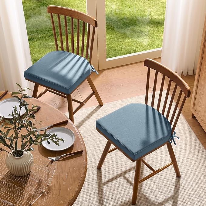 downluxe Chair Cushions for Dining Chairs, Memory Foam Linen Kitchen Chair Pads with Ties, Waterproof, Stain-Resistant and Washable Cover, 17" x 16" x 2.5", Light Blue, 2 Pack