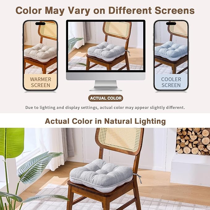 BETU Chair Cushions for Dining Chairs Set of 2,3.5" Thick Kitchen Table Chair Pads with Ties,Non Slip Backing and Covers, Seat Cushion for Dining Room,Bar,Patio Chairs,15.5"X15.5"X3.5",Light Grey