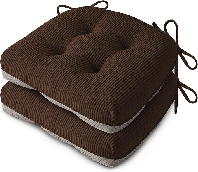 Indoor Kitchen Chair Cushions Set of 2 18"X16.5"X3" Soft Anti Slip Dining Chair Pads Tufted Kitchen Seat Cushion with Ties, Brown