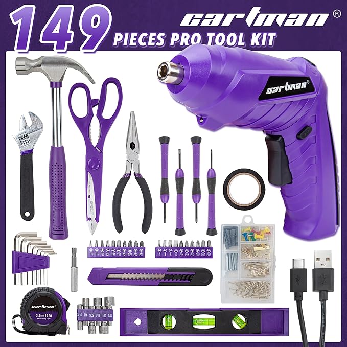 CARTMAN 149-piece Tool Set with Purple Cordless Screwdriver Essential Household Tool Box Hand Tool Kit