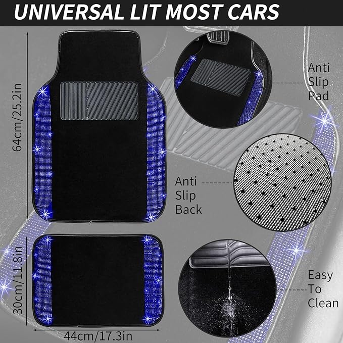 NBTEPEM 12 Pcs Bling Car Accessories Set for Women Car Floor Mats Full Set Steering Wheel Cover Seat Belt Covers Coasters Universal Fit Car SUV Truck Van Blue