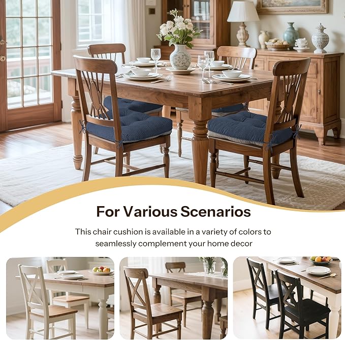 Indoor Kitchen Chair Cushions Set of 2 18"X16.5"X3" Soft Anti Slip Dining Chair Pads Tufted Kitchen Seat Cushion with Ties, Blue