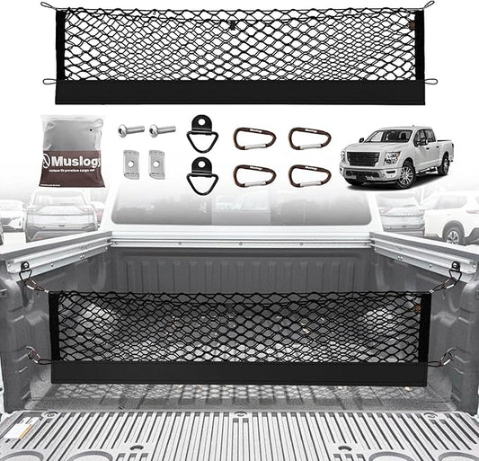 Muslogy Truck Bed Cargo Net Trunk Netting Compatible with Nissan Titan 2017-2025 Accessories, Pickup Cargo Organizer SUV Sedan Storage Net w/Heavy Duty Carabiners