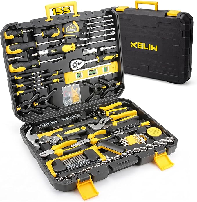 KELIN 155-Piece Household Hand Tool Set with Toolbox, Portable Home Repair Tool Kit for Garage, Car, DIY – Includes Ratcheting Screwdriver, Sockets, Pliers, Hammer, Level, Tape Measure & More
