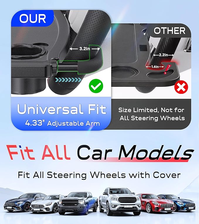 Steering Wheel Tray, Large Car Tray Table, Car Desk for Eating Drinks Work, Freely Adjustable & Universal Fit, Compatible with Tesla Ford Ram Chevrolet Silverado Toyota Tacoma GMC Sierra