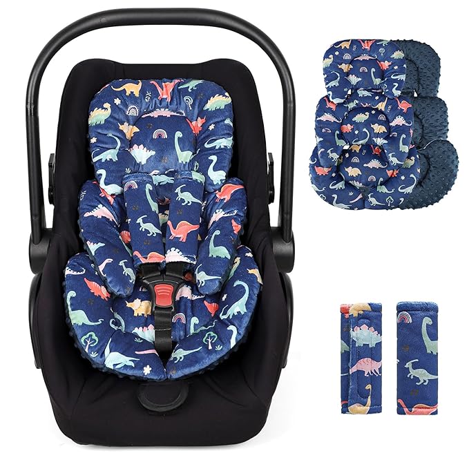 Infant Car Seat Insert Cushion, Super Soft Baby Car Seat Head Support & 2 Straps Pads, Reversible Preemie Newborn Carseat Insert, Fit Car Seat, Stroller, Infant Bouncer, Blue Dinosaur