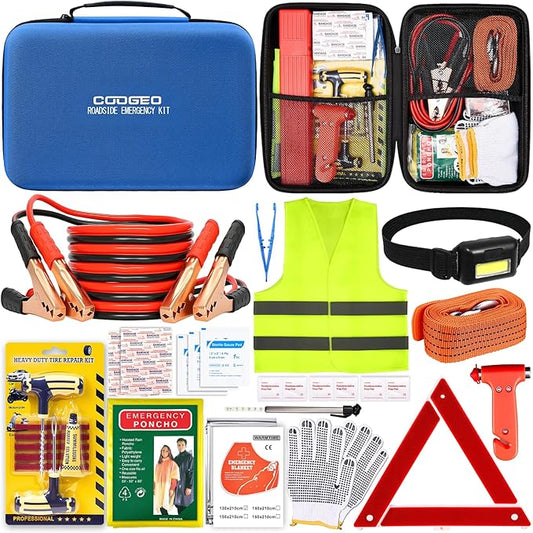 COOGEO 15PC Car Emergency Kit with Jumper Cables, Roadside Assistance Safety Kit for Auto & Truck, Includes Safety Hammers, Tow Strap, Warning Triangle, First Aid, Gifts for Young Men or Women, Blue