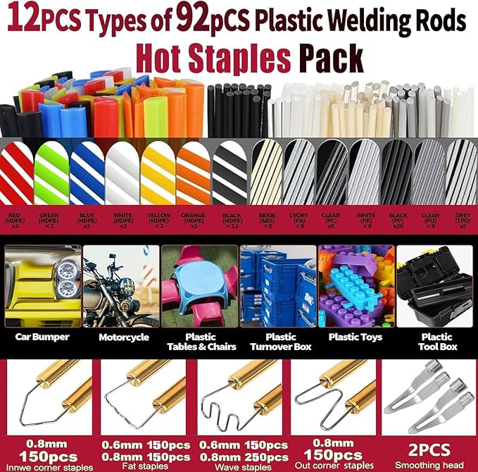 220W Plastic Welder,Plastic Welding Kit Car Bumper Repair 1000pcs Hot Staples & 92pcs 7 Types of Welding Plastic Welding Rods for Car Bumper Plastic Crack Repair (Blue)